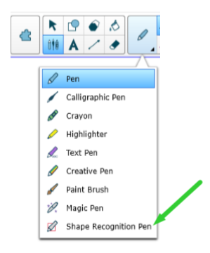 Many pen options are available, including the Shape Recognition Pen.