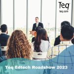 Man giving a presentation to an audience of adults. Teq logo top right corner, text across bottom: Teq Edtech Roadshow 2023