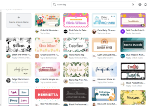  The options that populate with a name tag search on Canva.
