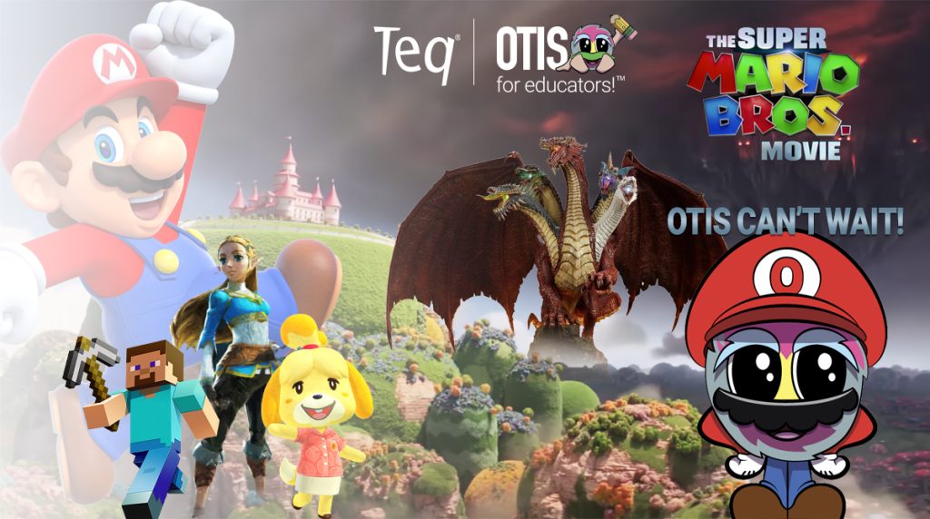 Video game characters from Mario, Minecraft, Animal Crossing, Zelda with OTIS logo dressed like Mario.