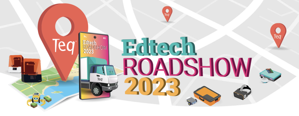 Edtech Roadshow Logo with map pins and vehicles.