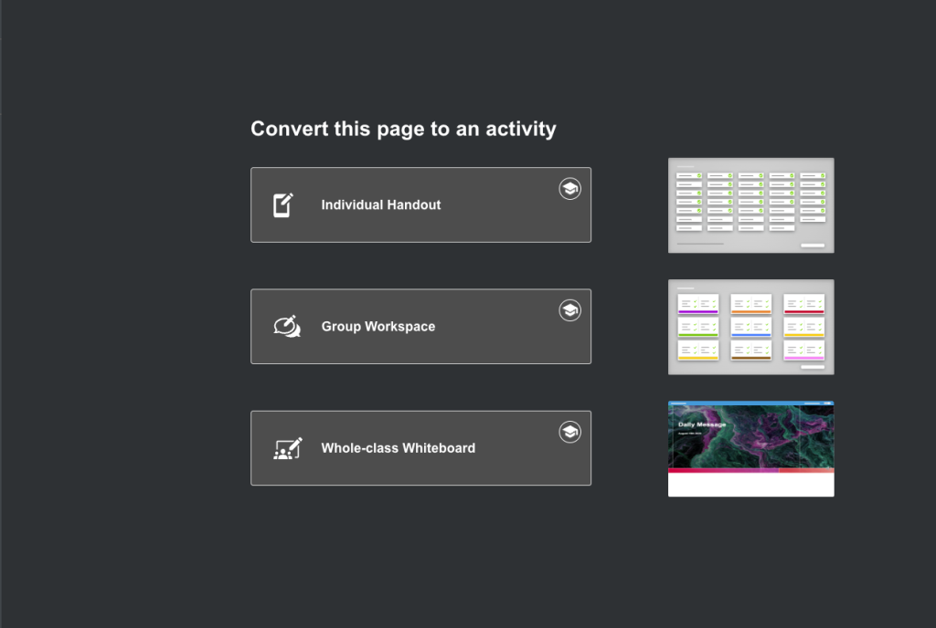 The convert to activity screen on Lumio showing Individual Handout, Group Workspace, and Whole-class Whiteboard options. 