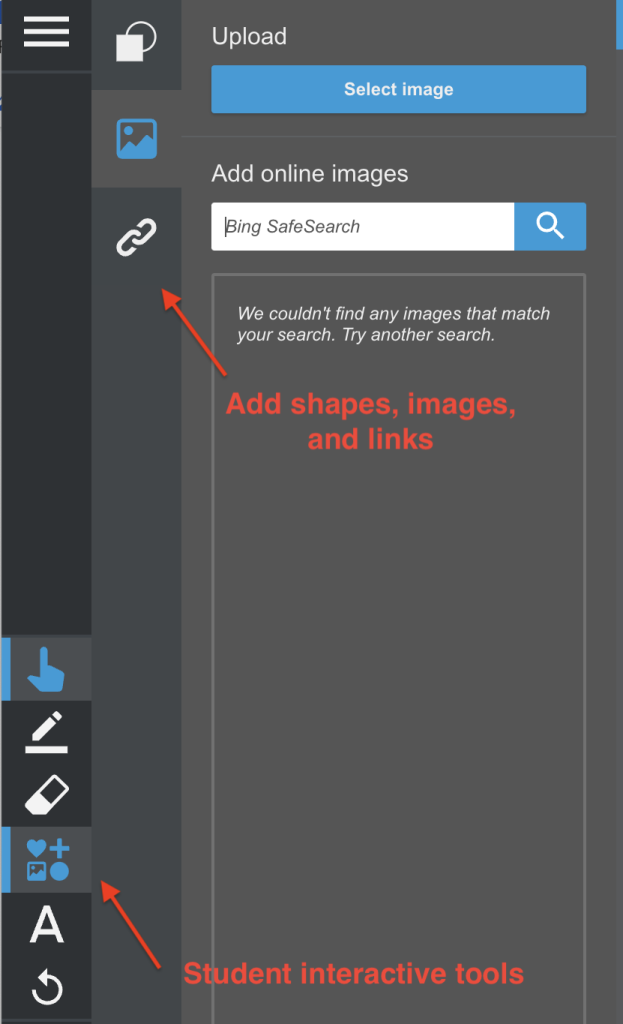Lumio student toolbar showing pointe, pen, erasrer, shape/image/link and text buttons. Image search option is expanded.