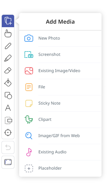 "Add Media" option on explain everything with options for photos, files, GIFs, and audio.