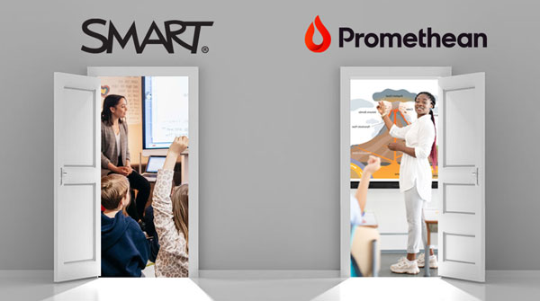 SMART and Promethean logos with a preview of ActivInspire and SMART Notebook behind doors