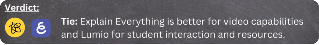 Verdict: Tie - Explain Everything is better for video capabilities and Lumio for student interaction and resources.