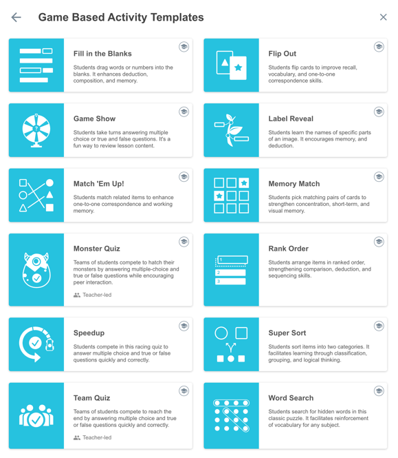 Image showing all 12 of Lumio' game-based activities: Fill in the Blanks, Flip Out, Game Show, Label Reveal, Match 'em up, Memory Match, Monster Quiz, Rank Order, Speedup, Super Sort, Team Quiz, Word Search