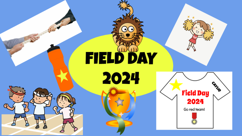 Example of a field day vision board with different apparel designs, activities, and color schemes.