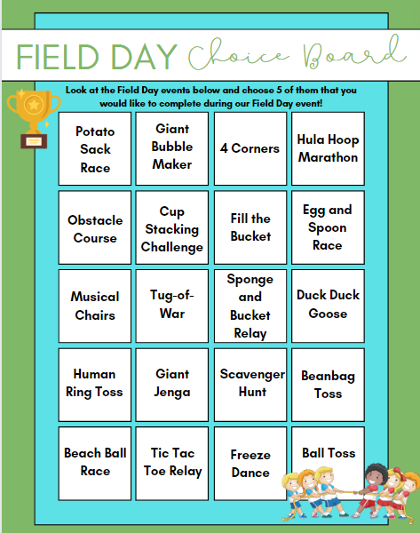 Example of a field day choice board with various activities