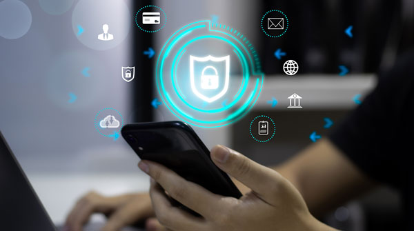 Image of a phone with holographic symbols