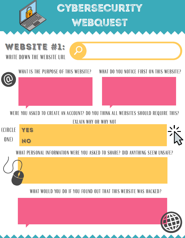 Example of a cybersecurity webquest worksheet for students.