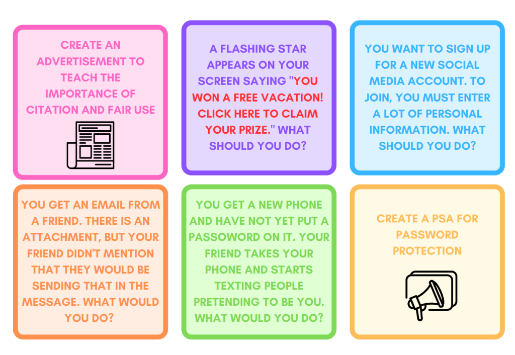 Example of different task cards to assign to students to understand their digital footprint.