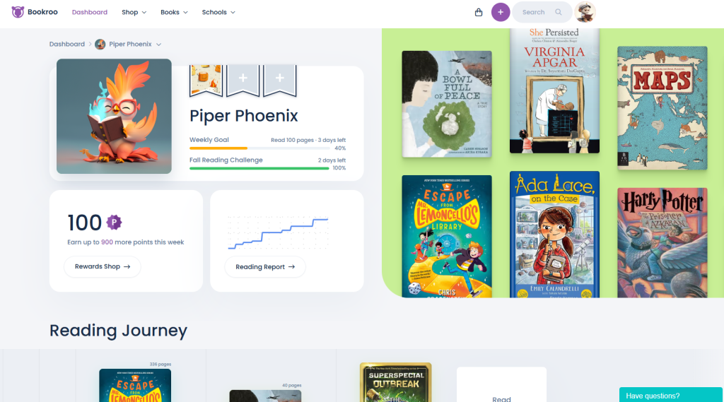 Bookroo's home page featuring a ton of reading activities.