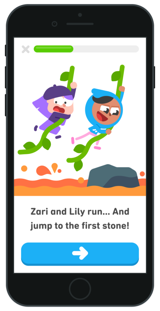Duolingo being played. Characters Zari and Lily are swinging on vines in the game. 