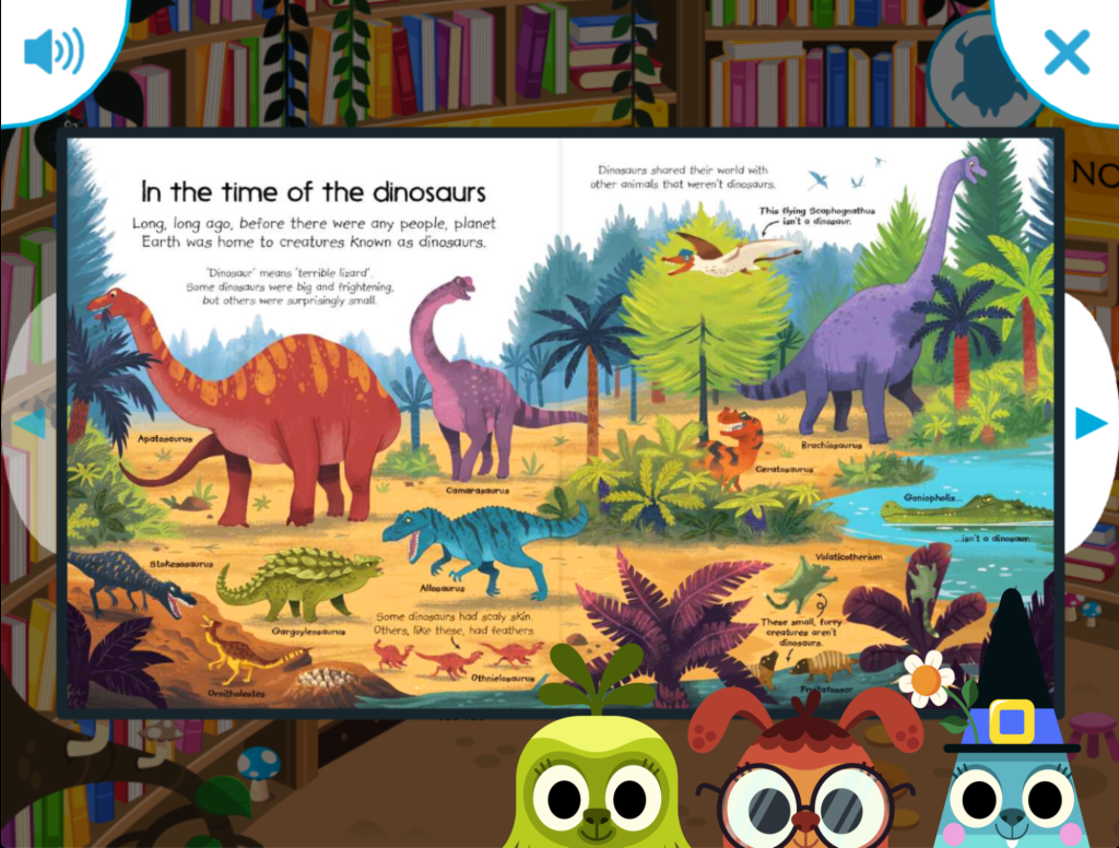 Teach Your Monster being played. Dinosaur activity with monster friends on the bottom of the picture. 