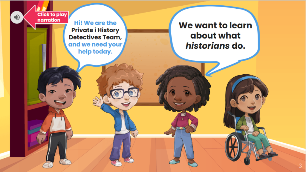 iCivics Education game in action. Four animated kids becoming detectives and enriching civics education! 