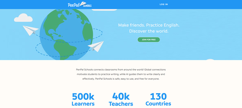 The homepage of PenPal Schools. 
