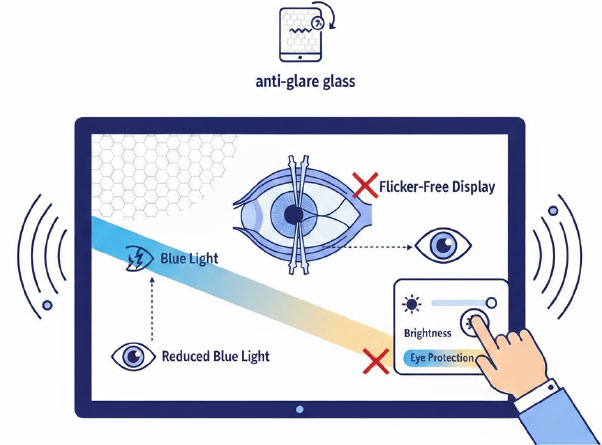 SMART’s interactive display includes features such as anti-glare glass, flicker free displays, and controllable eye protection settings.